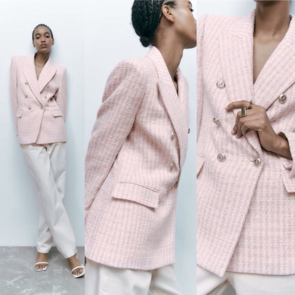 Zara Pink & Silver Tweed Blazer Double Breasted Tailored Jacket Size L NWT - Picture 6 of 14